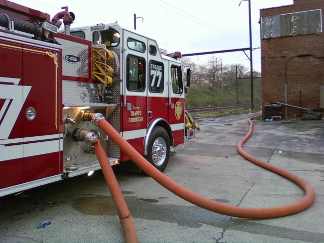 Engine 77 flowing water at the Norristown Fire.  